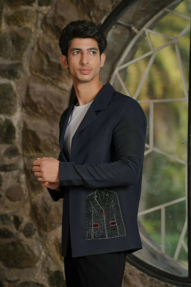 Noir Canvas Blazer – Black 4-Way Stretch Graphic Detail Suit For Men | Wedding & Party Wear by Hilo Design