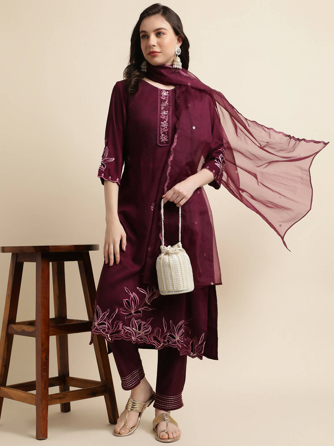 Purple Chinon Silk Embroidered Straight Kurta with Trouser & Dupatta - Salimar