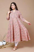 Miravan Women's Orange Plus Size Cotton Floral Printed Anarkali Kurta
