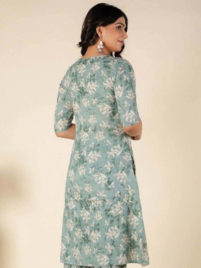 Aramya Green Soft Cotton Floral A-line Kurta for Women