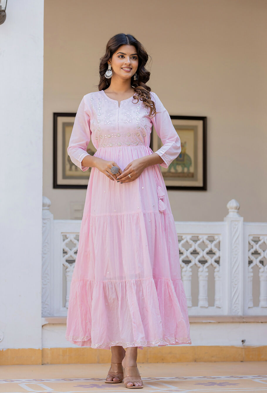 Kaajh Women's Light Pink Embroidered Ethnic Dress
