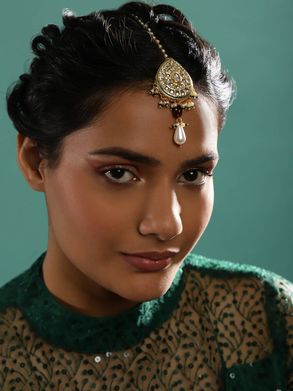 Gold-Polished White Green Kundan-Studded Pearl Beaded Maang Tikka - Ruby Raang