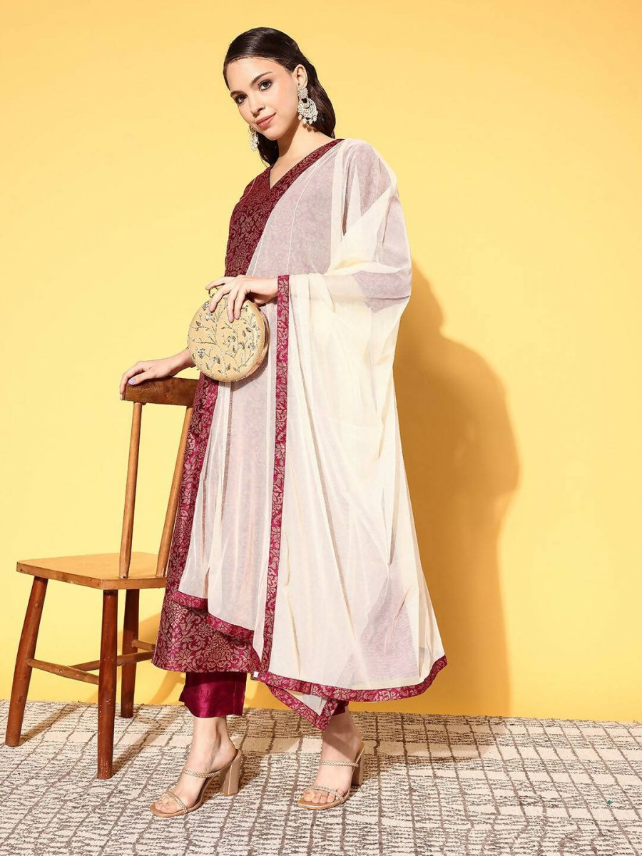 Ahalyaa Women's Wine Colour Poly Silk Gold Paste Printed Kurta Pant Set
