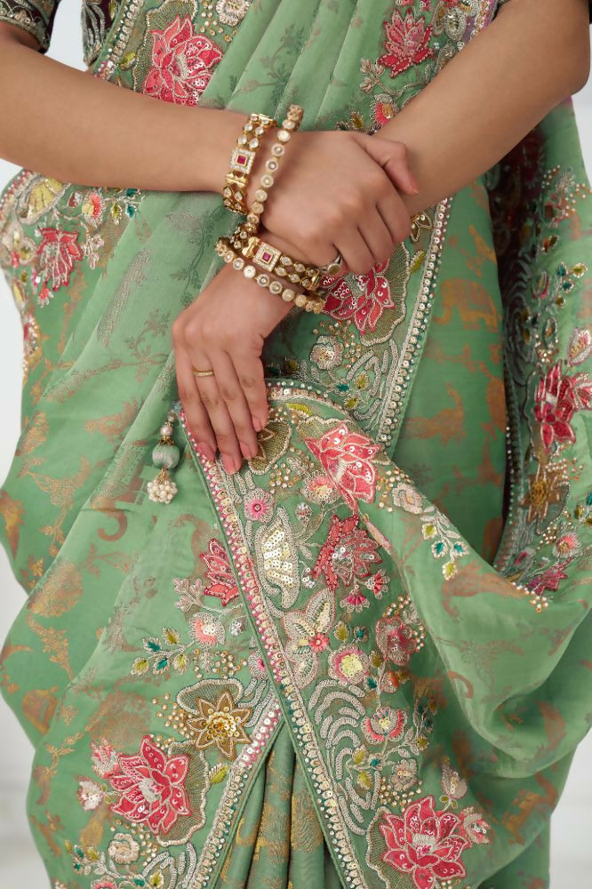 Kesar Fab Green Net Embroidered Lehenga