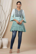 Juniper Sage Green Rayon Festive Embroidered Tiered Tunic For Women