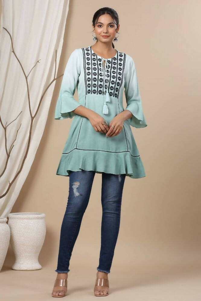 Juniper Sage Green Rayon Festive Embroidered Tiered Tunic For Women