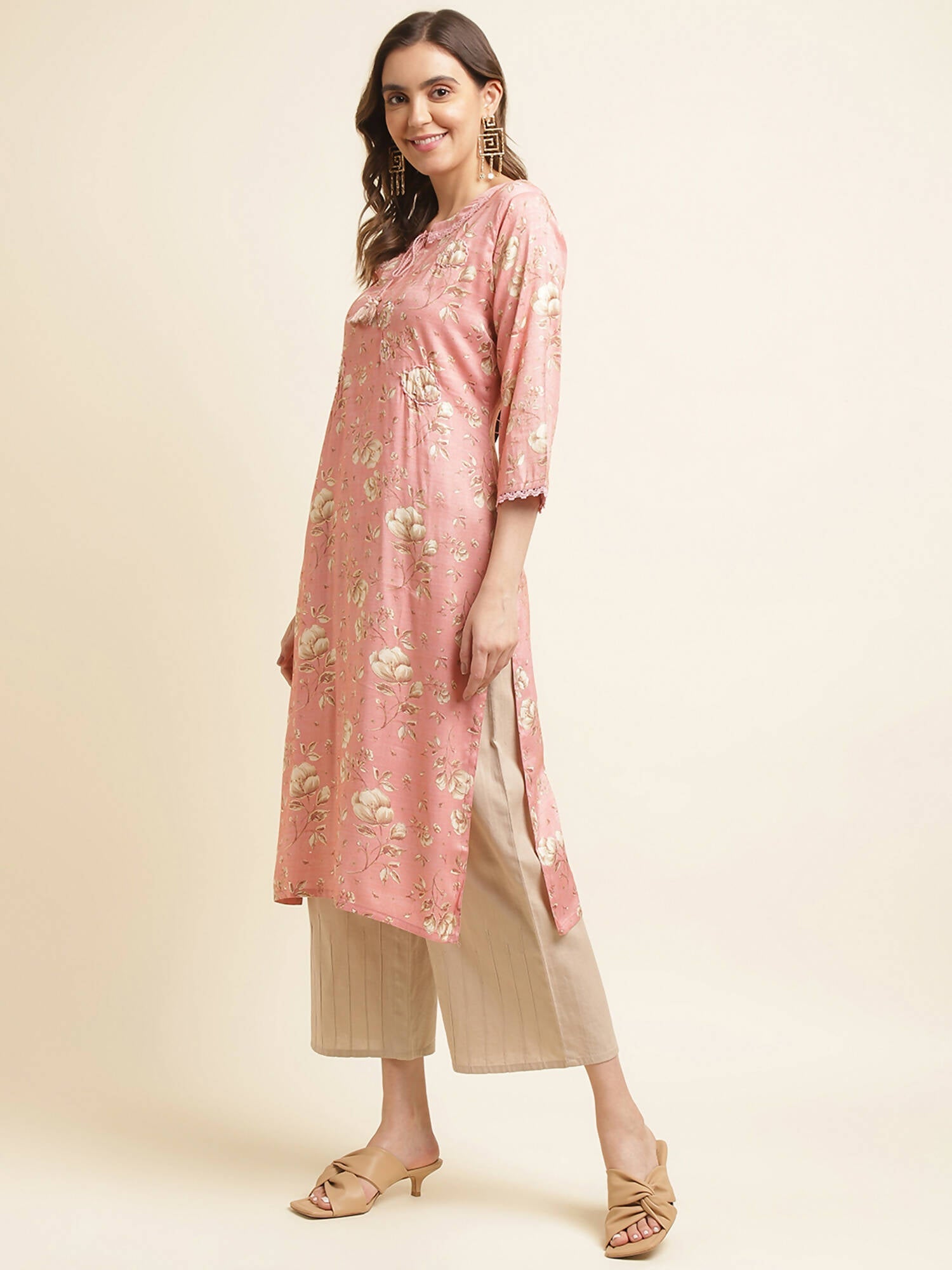 Pink Poly Rayon Floral Printed Straight Kurta - Prasuti