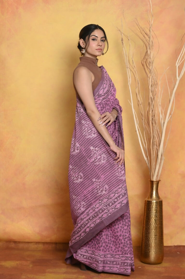Very Much Indian Handblock Printed Cotton Saree With Natural Dyes - Pink