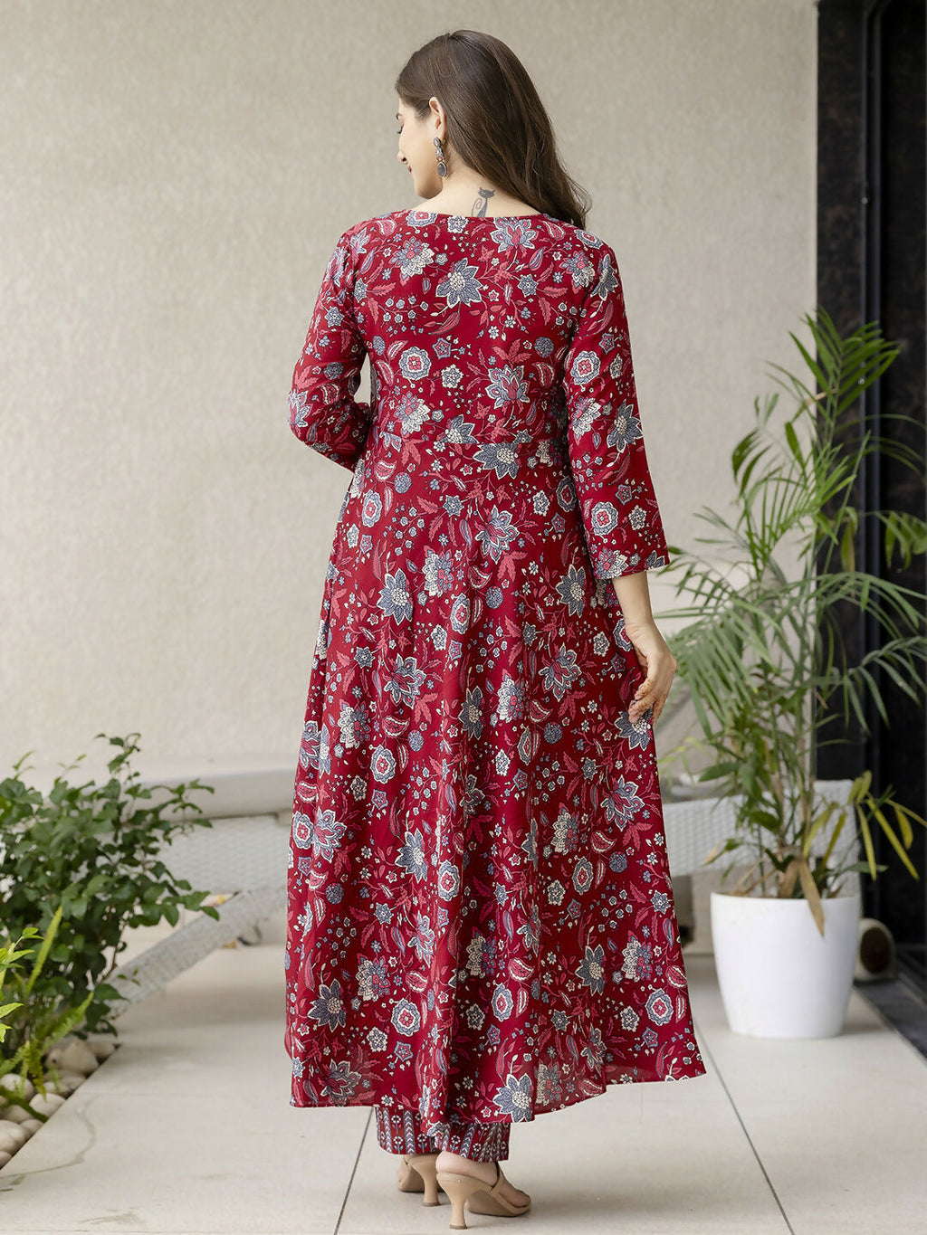 The52 Maroon Women's Gorgeous Rayon Fabric Printed Work Flared Kurta, Pant and Dupatta Set