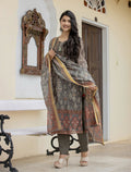 Kaajh Women's Grey-Green Digital Print Chanderi Kurta Pant Set With Dupatta
