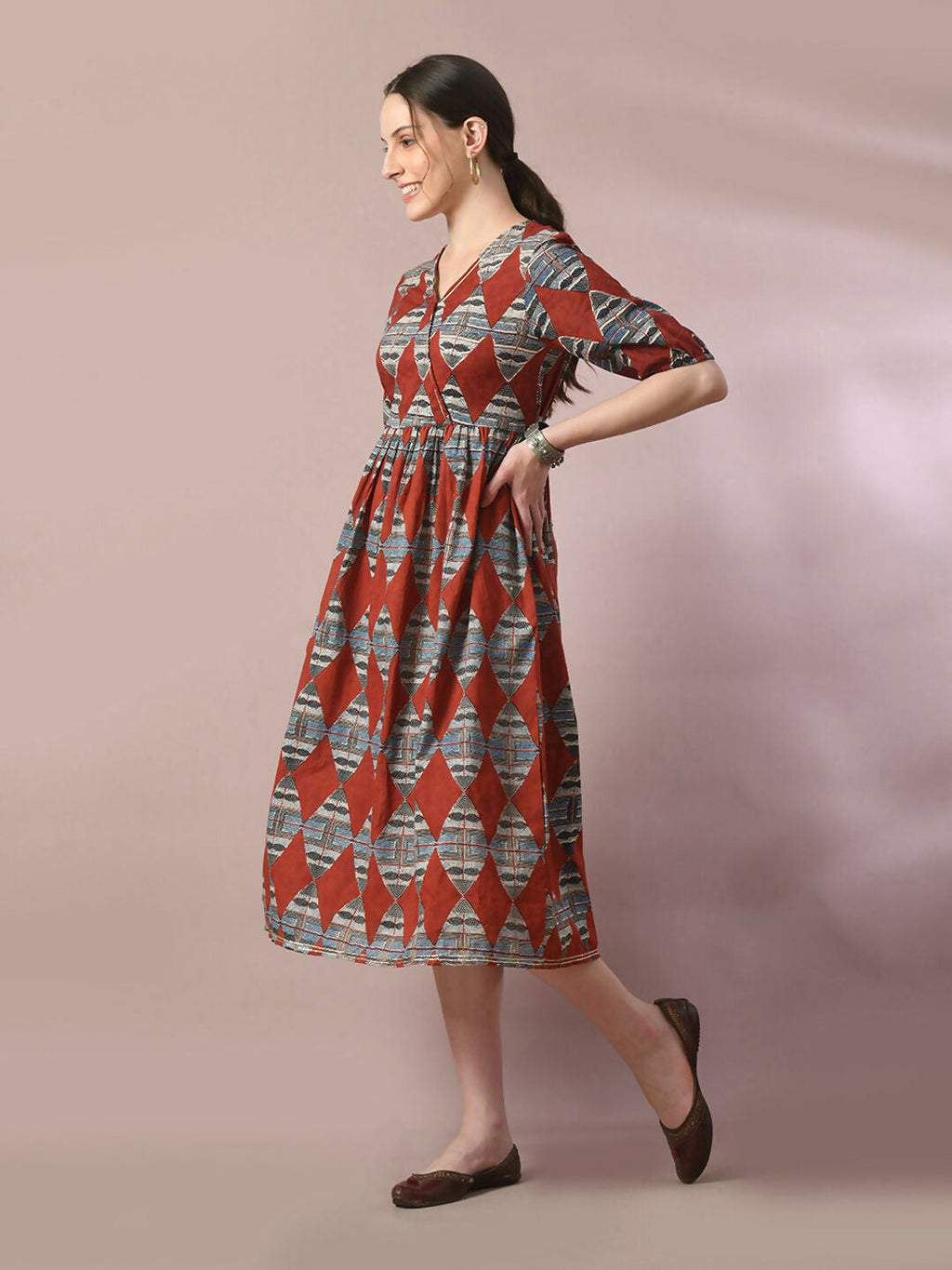 Myshka Women's Multi Printed Cotton V-Neck Empire Party Dress