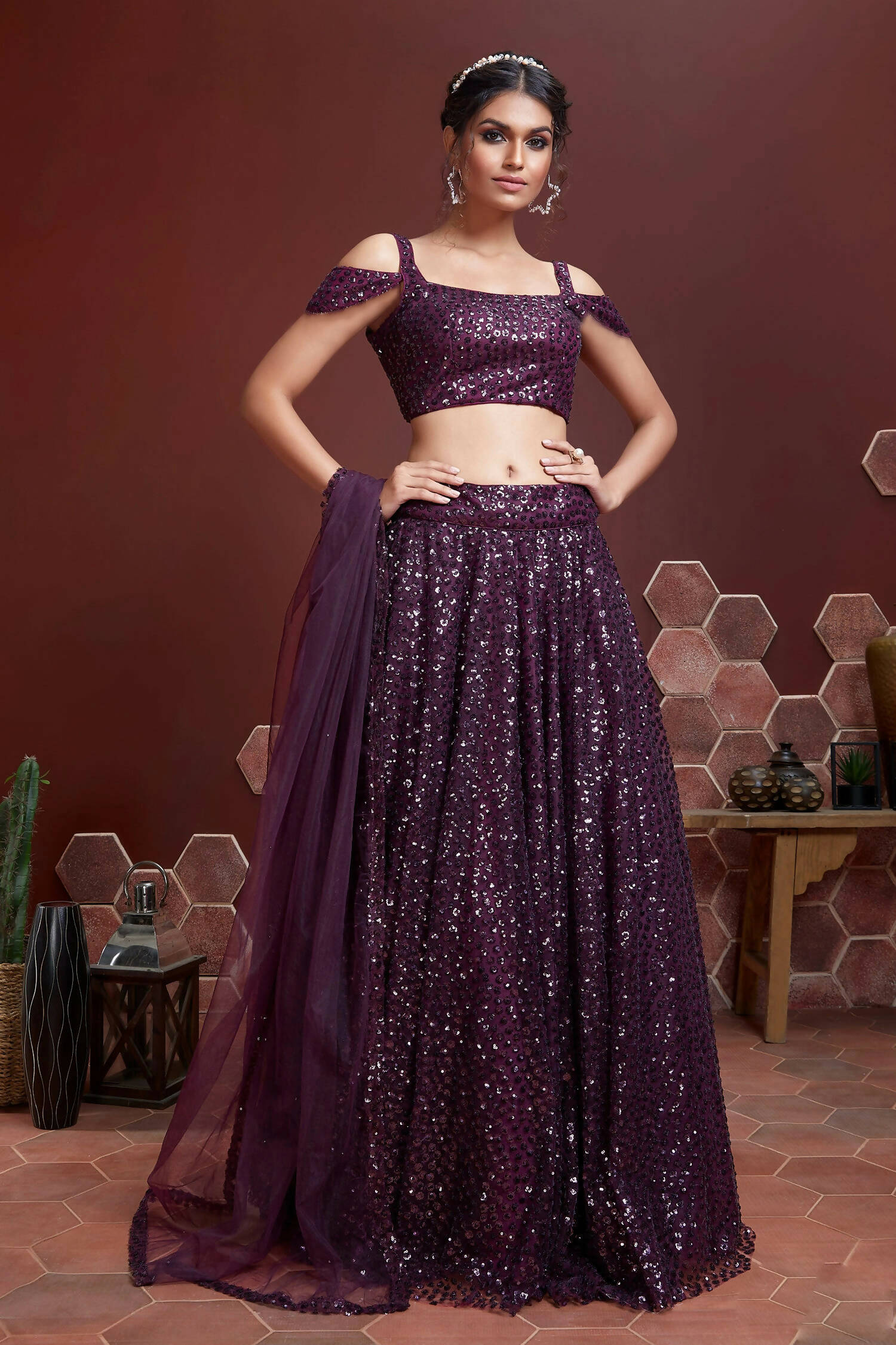 Wedding Designer Wine Net Lehenga Choli - Anbazaar