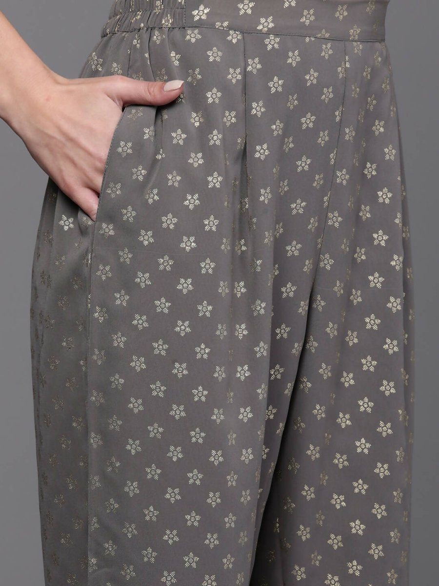 Ahalyaa Women Ethnic Motifs Printed Pleated Sequinned Kurta with Trousers - Grey Color