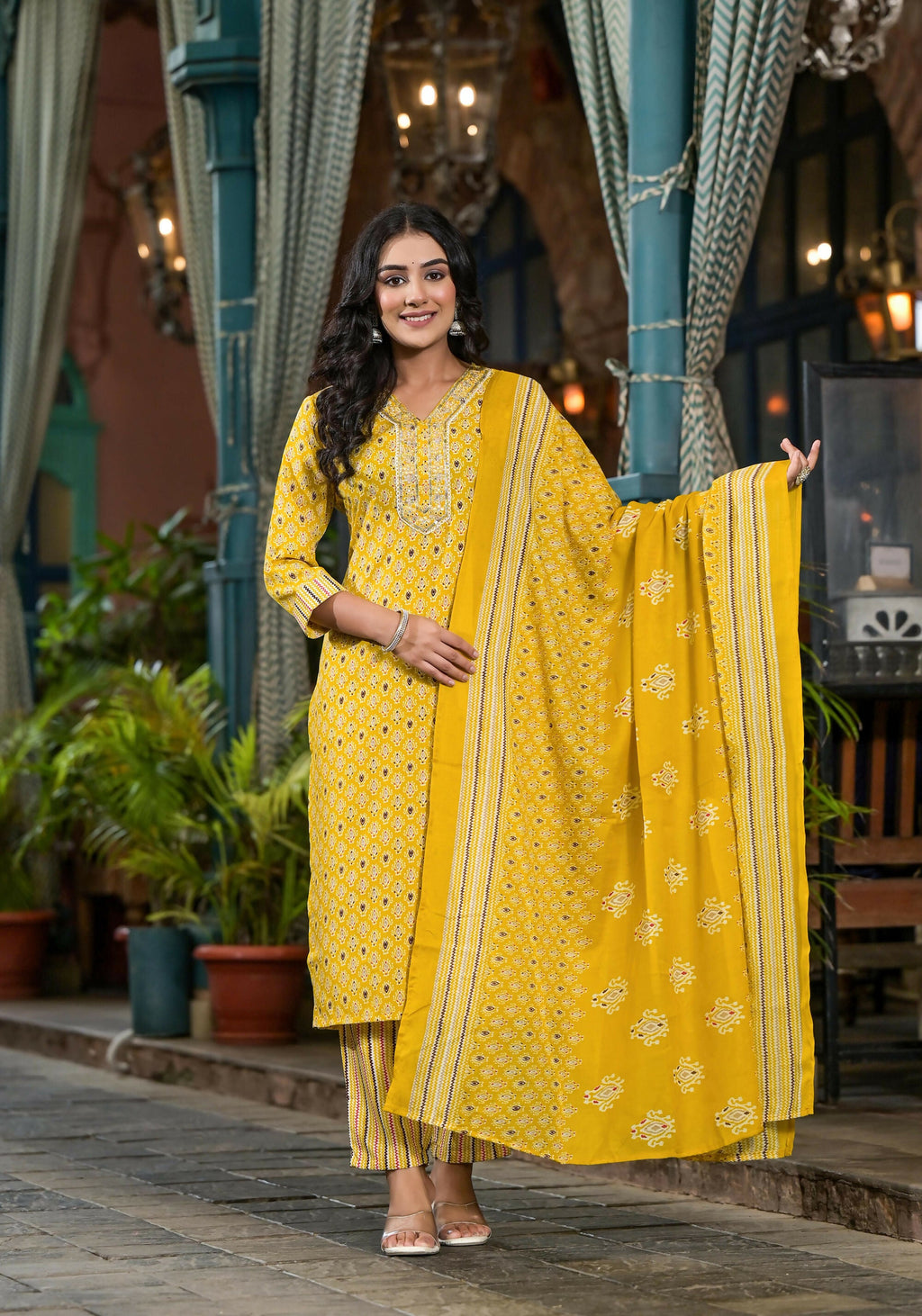 Juniper Women's Mustard Ethnic Motif Printed Cotton Kurta Pant And Dupatta Set With Mirror work & Sequins