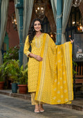 Juniper Women's Mustard Ethnic Motif Printed Cotton Kurta Pant And Dupatta Set With Mirror work & Sequins