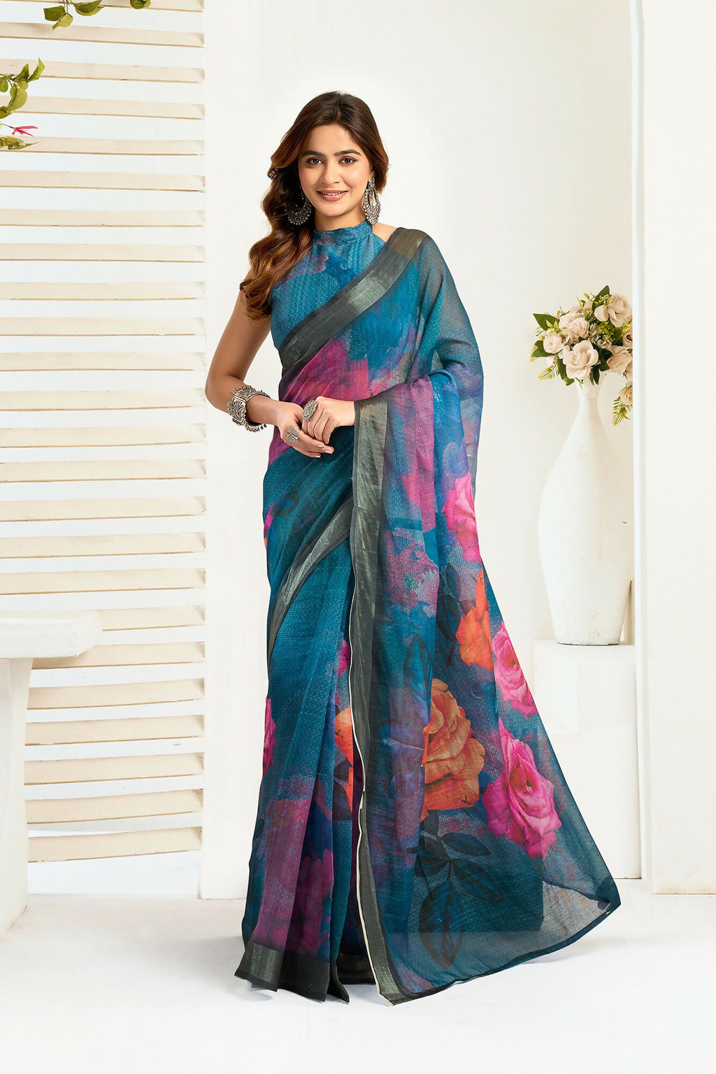 Vastranavya Teal Digital Printed Linen Ready To Wear Designer Saree with Unstitched Blouse