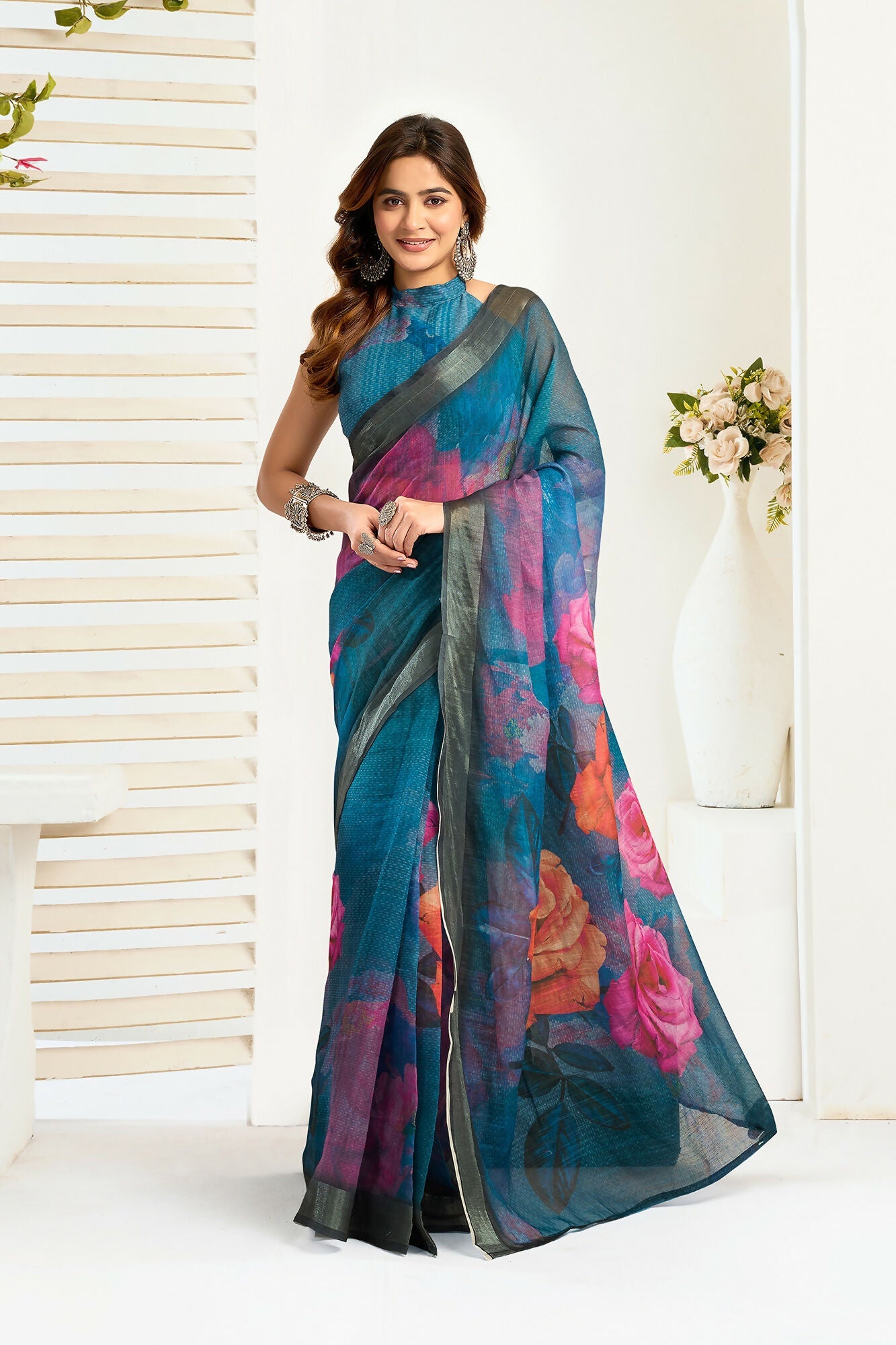 Vastranavya Teal Digital Printed Linen Ready To Wear Designer Saree with Unstitched Blouse