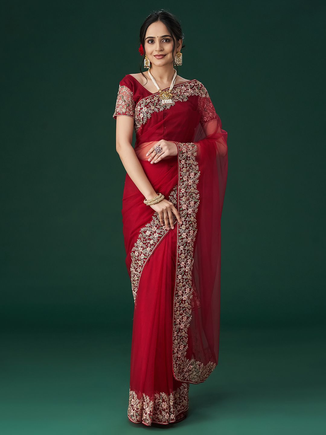 kasee Women's Aari Work Embroidered Net Sarees