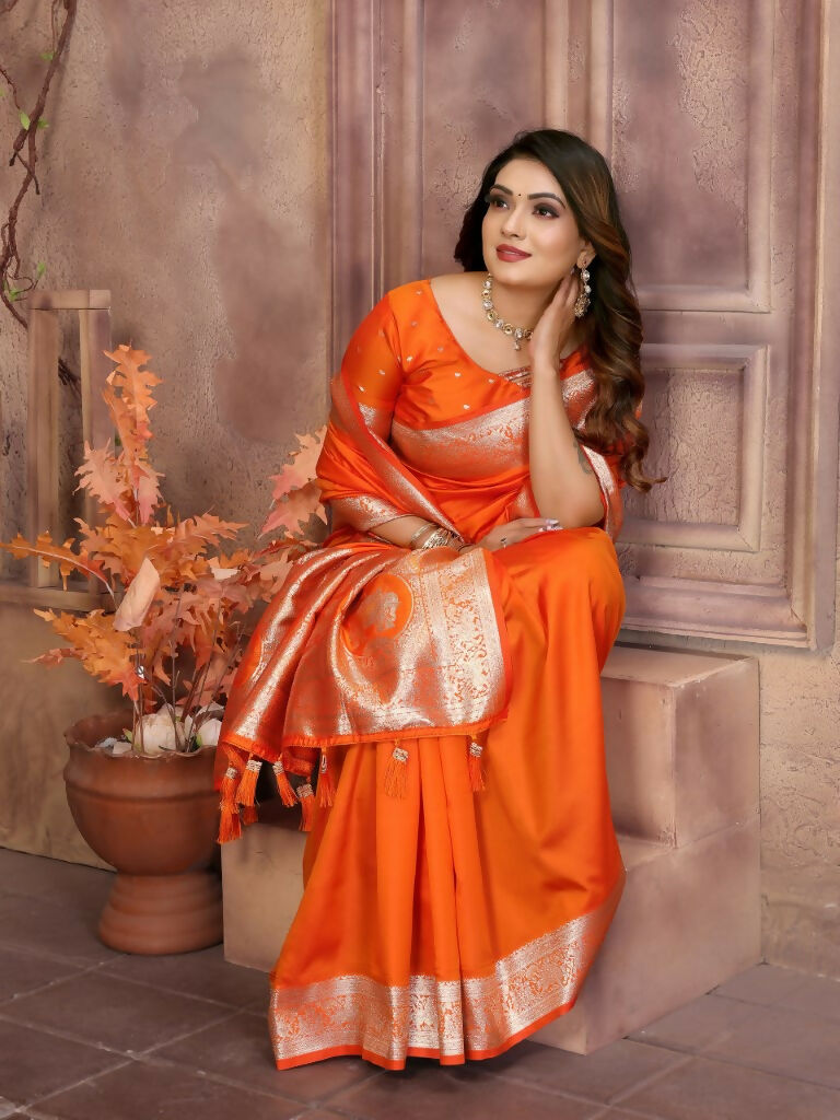 Anaita Dark Orange Banarasi Silk With Beautiful Gala Weaving Saree With Blouse