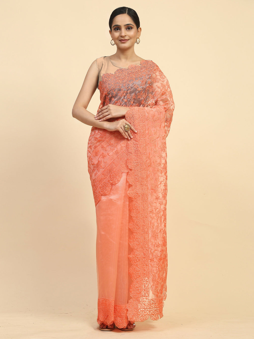 Vamsee Sujal Orange Organza Saree