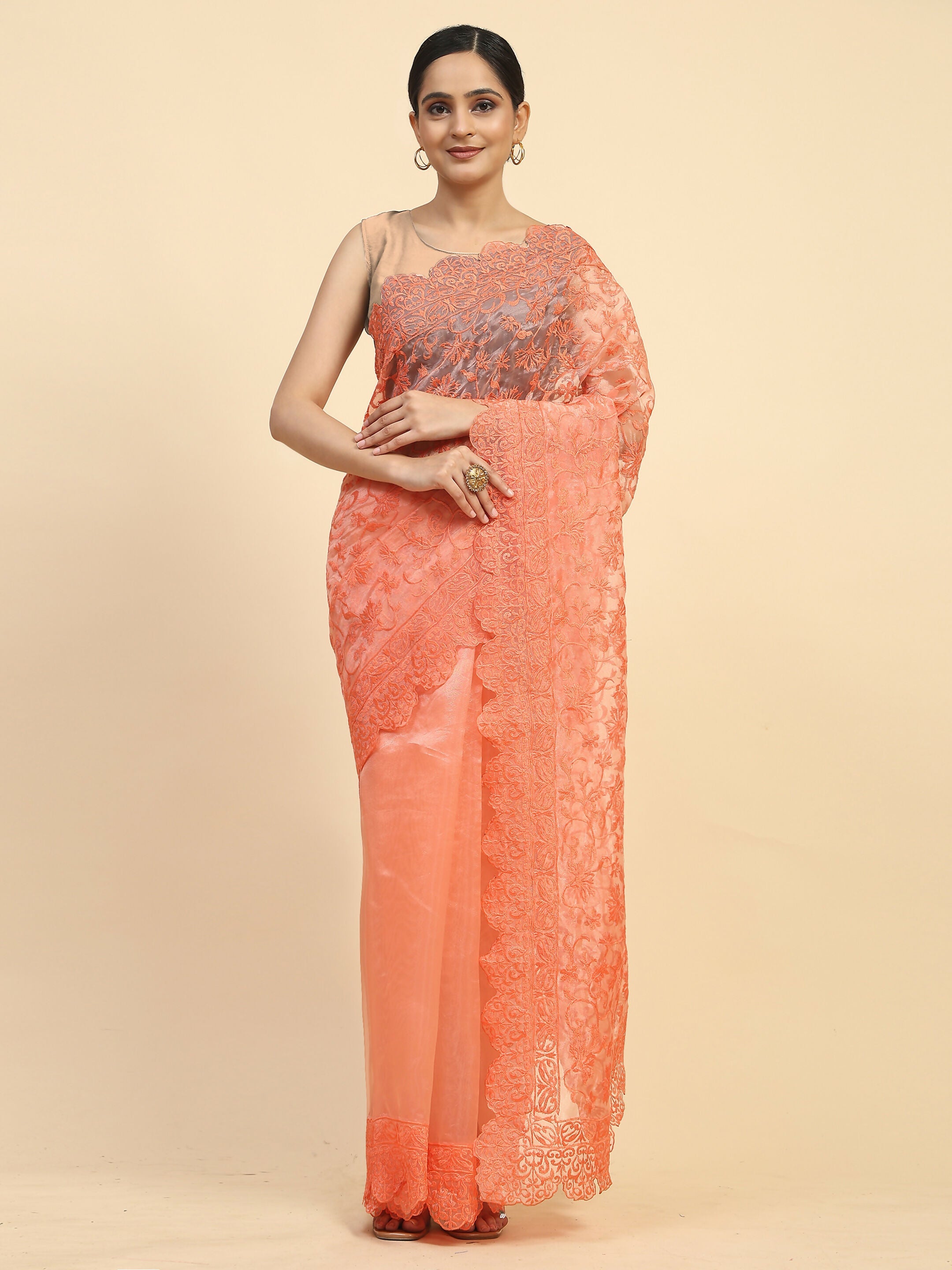Vamsee Sujal Orange Organza Saree