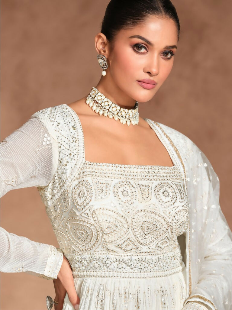 Vastranavya Off White Chikankari Embroidered Sequence Work Abaya Suit