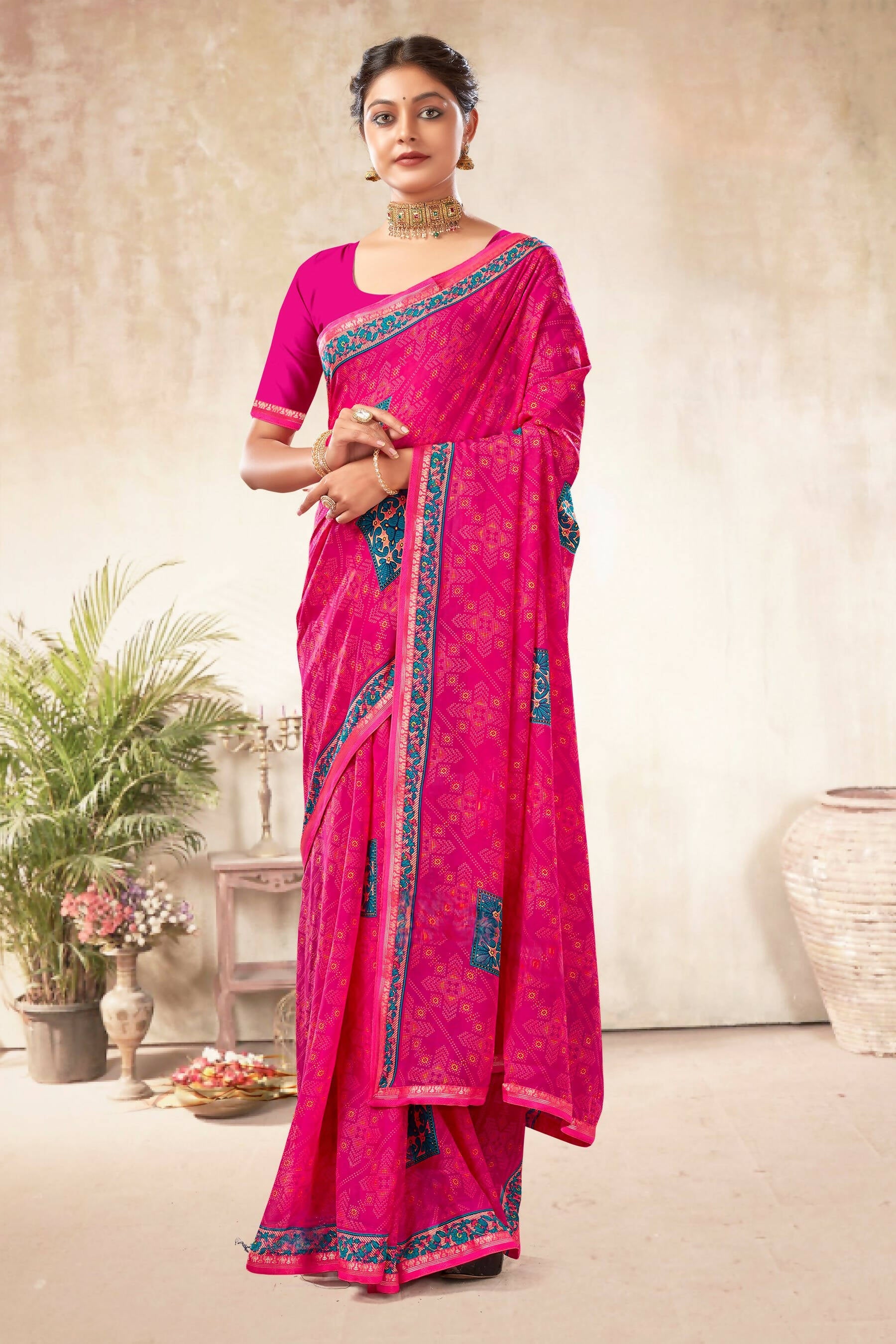 Pink Georgette Bandhni Printed Saree With Unstitched Blouse Piece - Shanaya