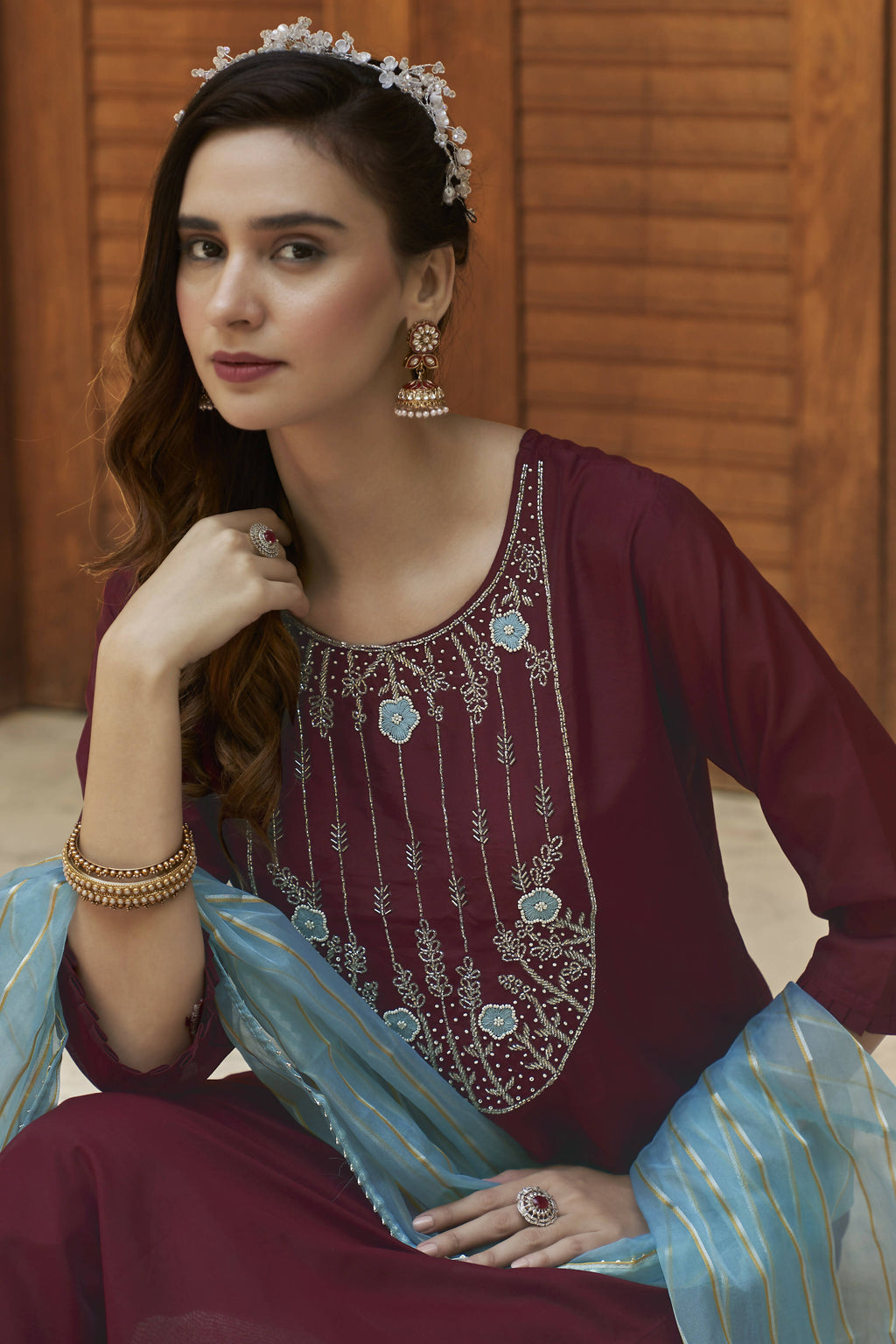 Wine Chinon Embroidered Kurta and Bottom with Dupatta - Akashara