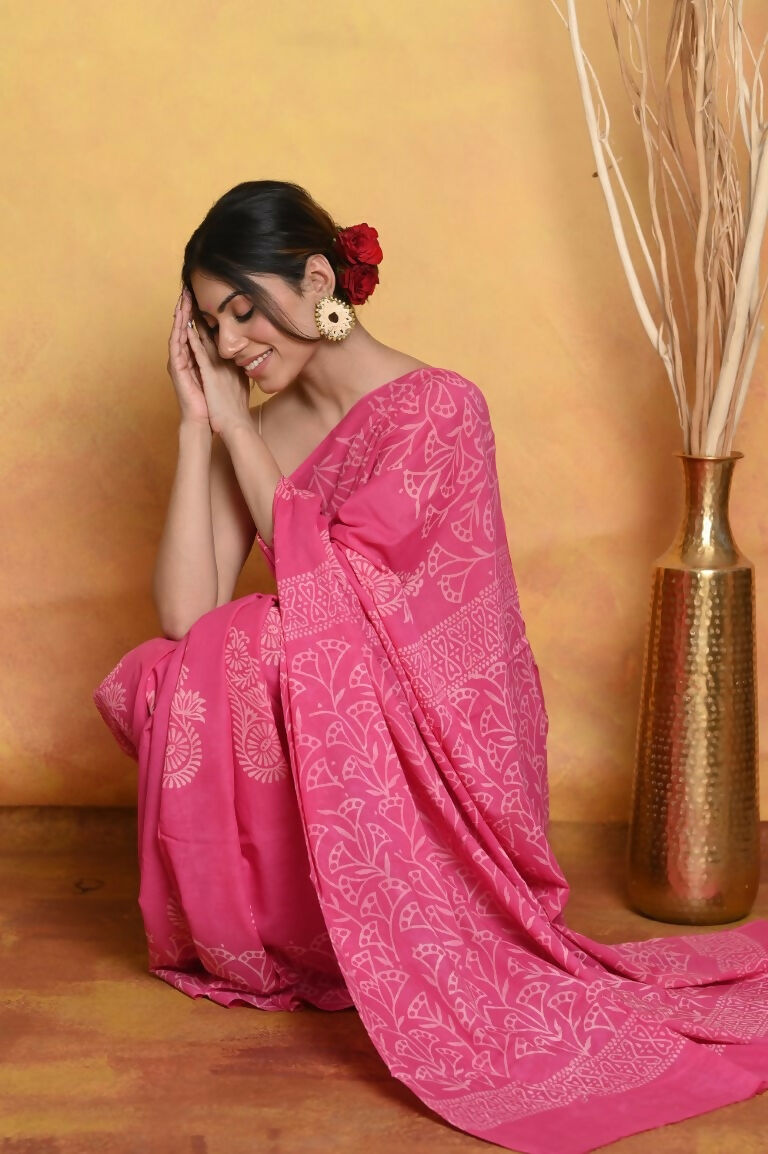 Very Much Indian Handblock Printed Cotton Saree With Natural Dyes - Pink