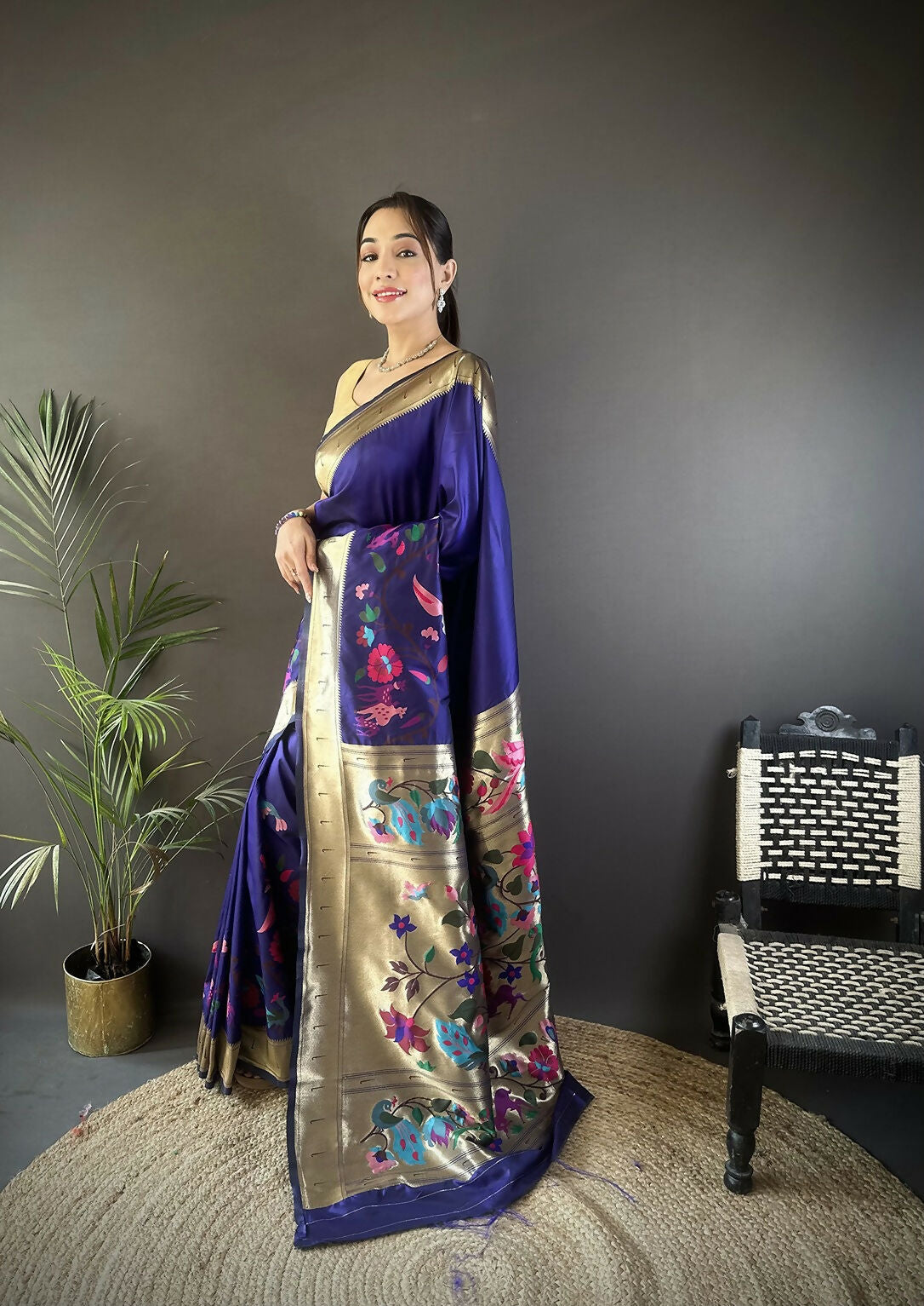 Joban Fashion Royal Blue Floral Paithani Sarees
