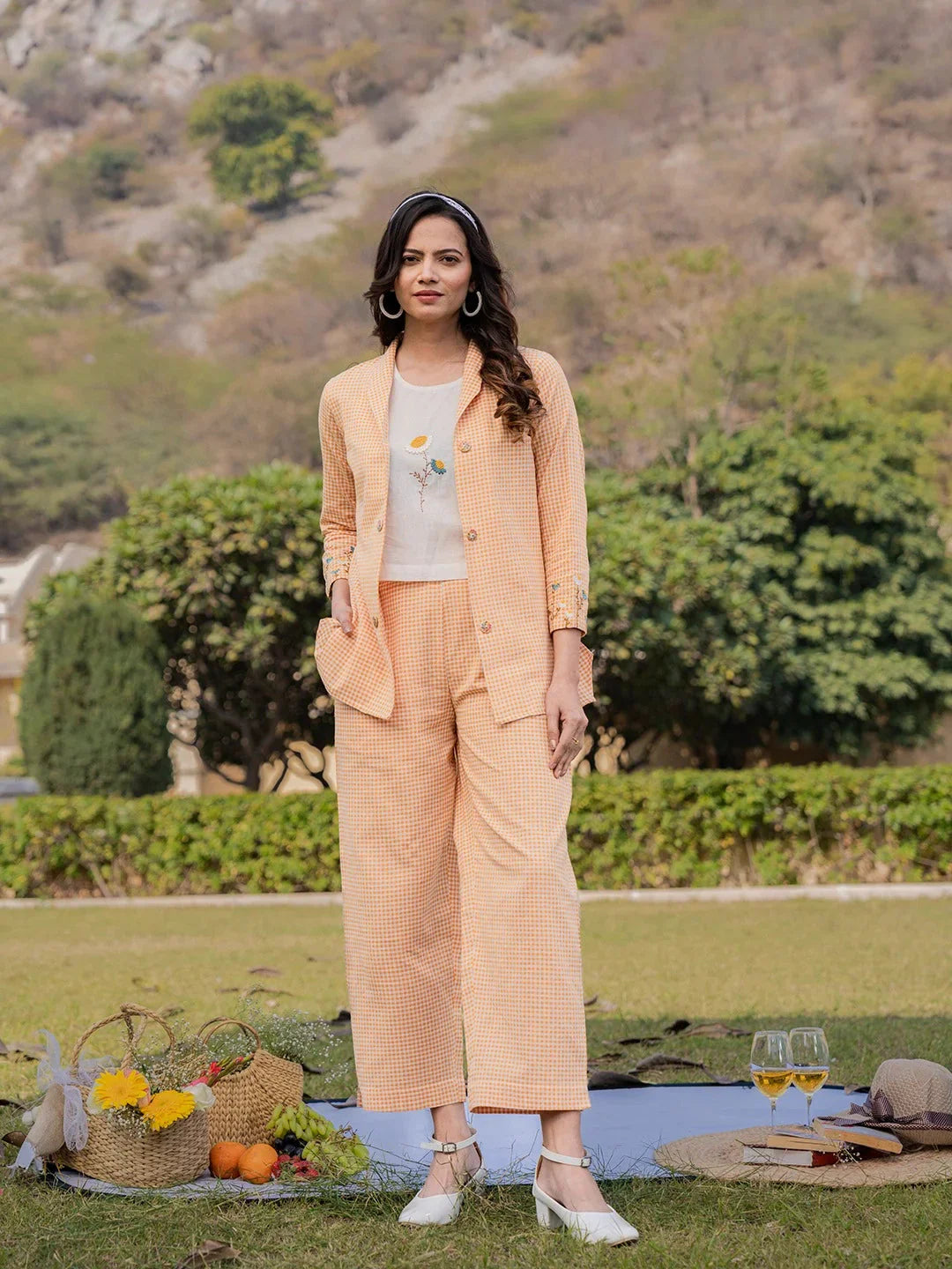 Yufta Weaved Cotton Checks Printed Co Ord Set With Embroidery