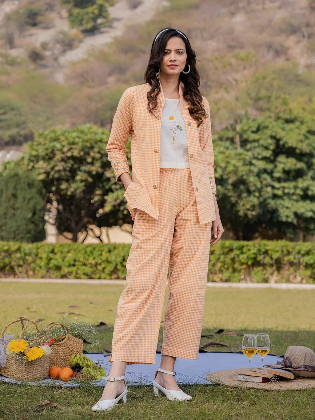 Yufta Weaved Cotton Checks Printed Co Ord Set With Embroidery