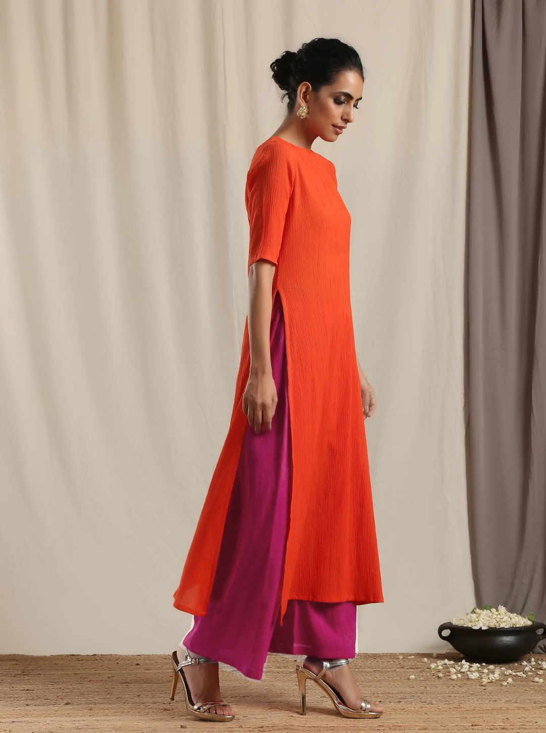trueBrowns Orange Crinkle Slit Kurta Pant Set Relove