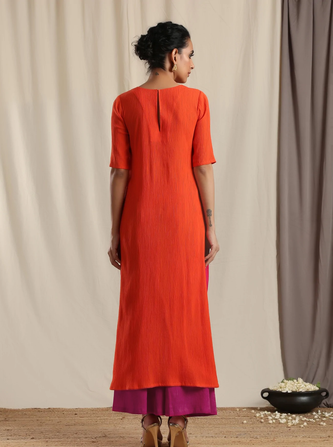 trueBrowns Orange Crinkle Slit Kurta Pant Set