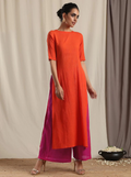trueBrowns Orange Crinkle Slit Kurta Pant Set