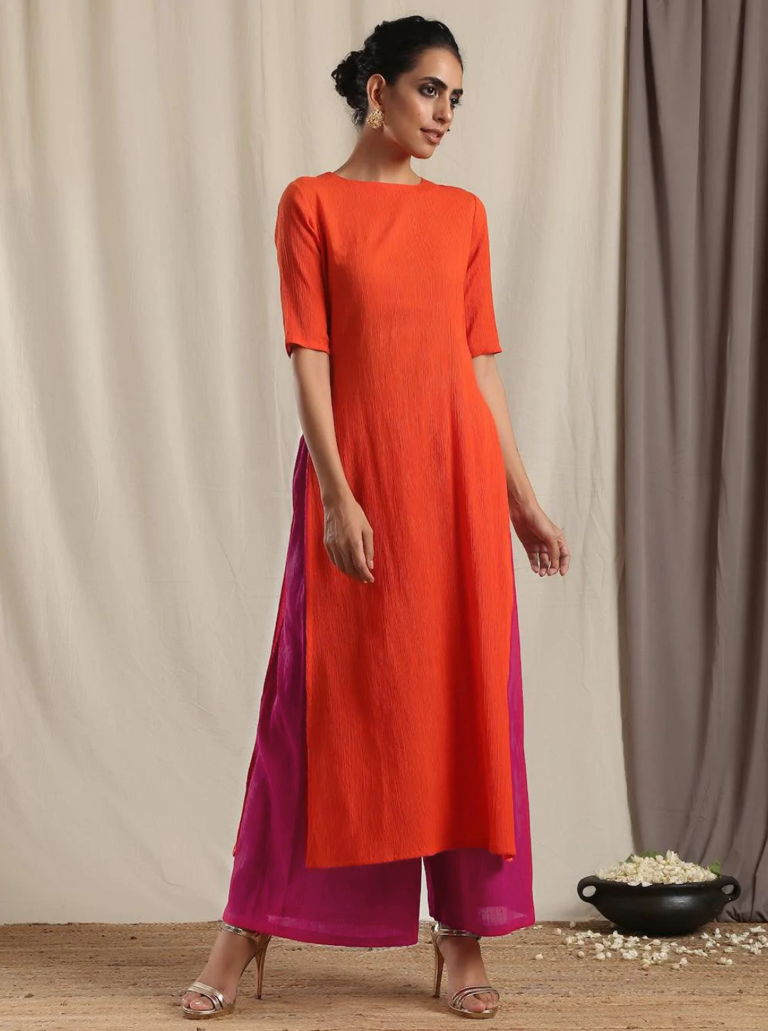 trueBrowns Orange Crinkle Slit Kurta Pant Set