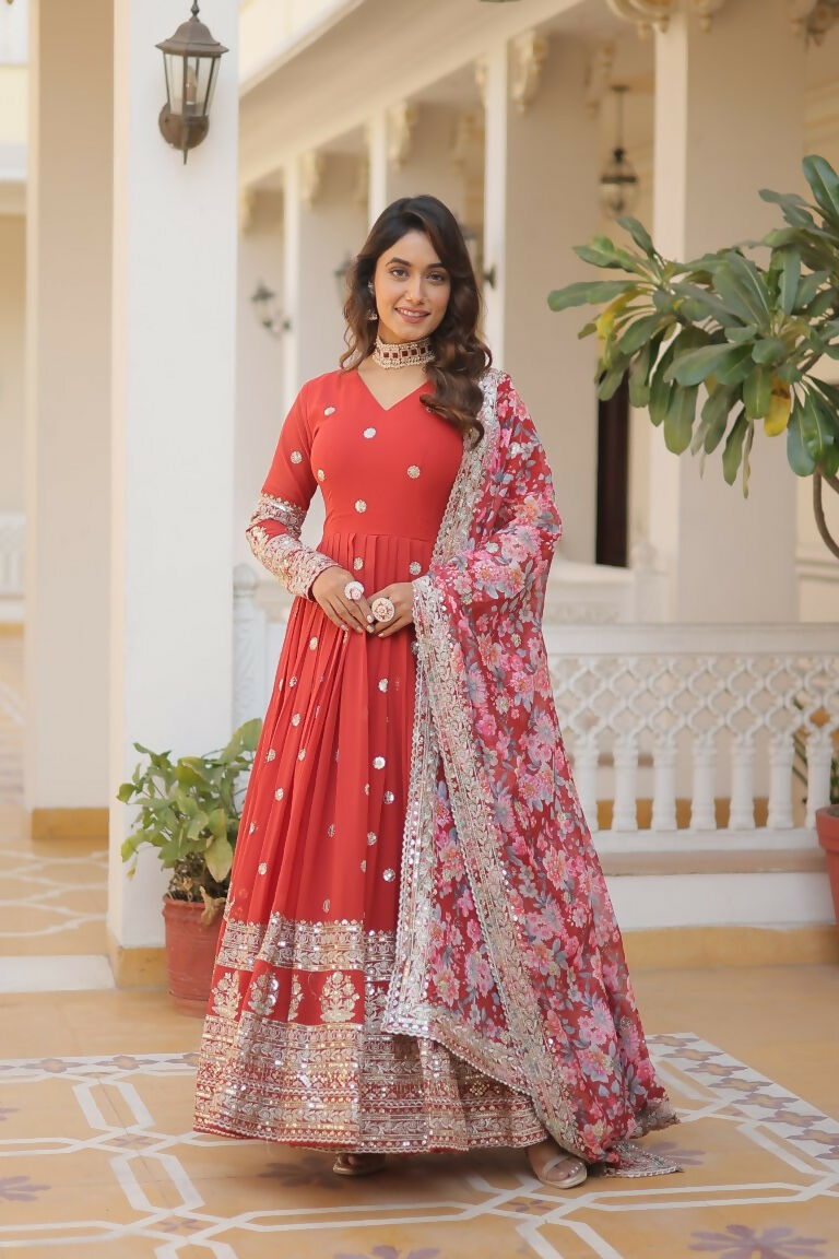 Jyoti Fashion Women's Orange Faux Georgette Sequins Zari Embroideredy Anarkali Dress with Dupatta