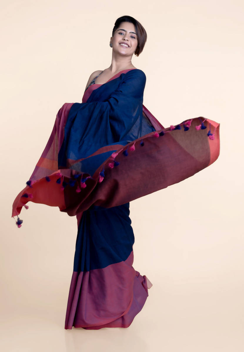 Suta Navy Blue Pink Colourblocked Mul Saree