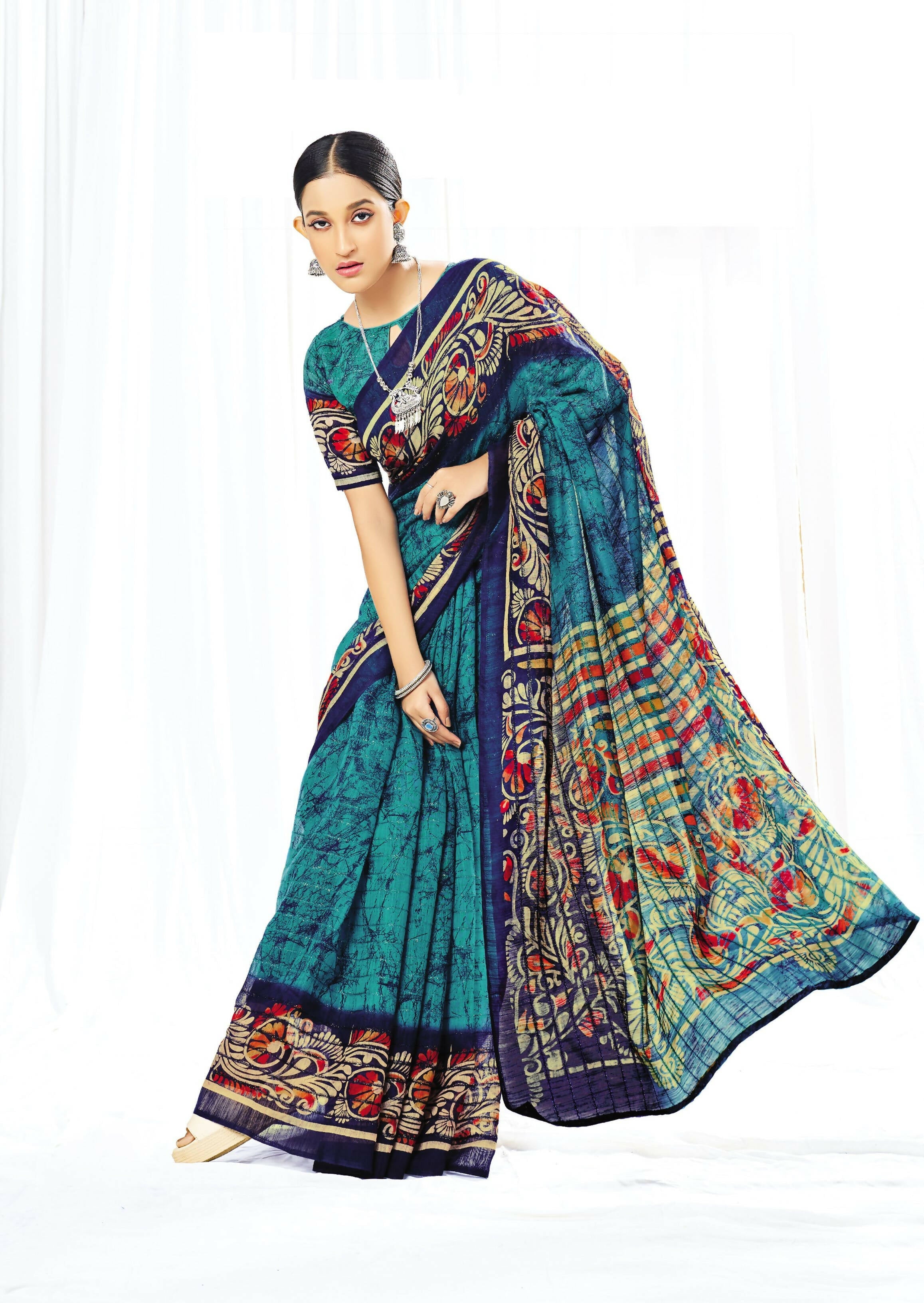 Blue Chanderi Cotton Floral Printed Saree With Unstitched Blouse Piece - Kathika