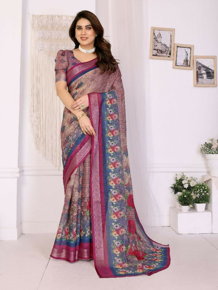 PR Fashion Purple Handloom Linen Cotton Zari Saree