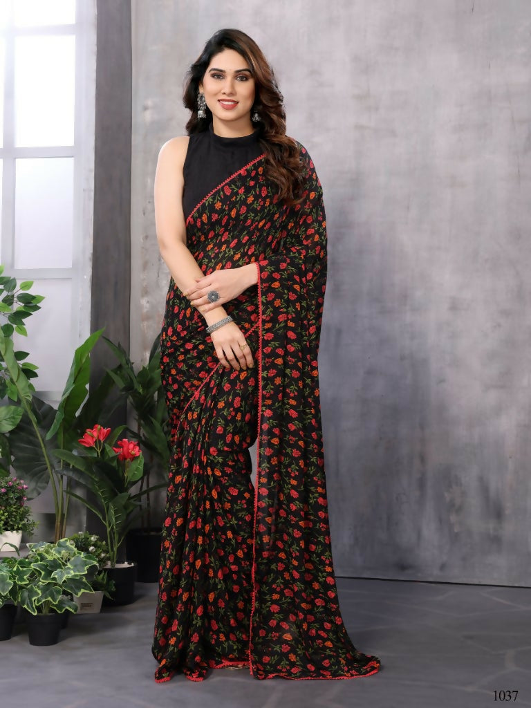 Partywear Designer Black & Red Georgette Fancy Saree - Satrangi