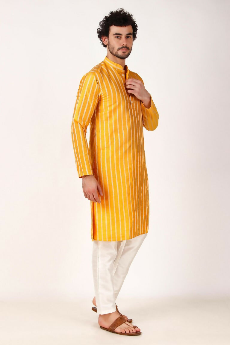 Yellow Art Silk Woven Designer Men's Rajwadi Kurta Set - Mahotsav