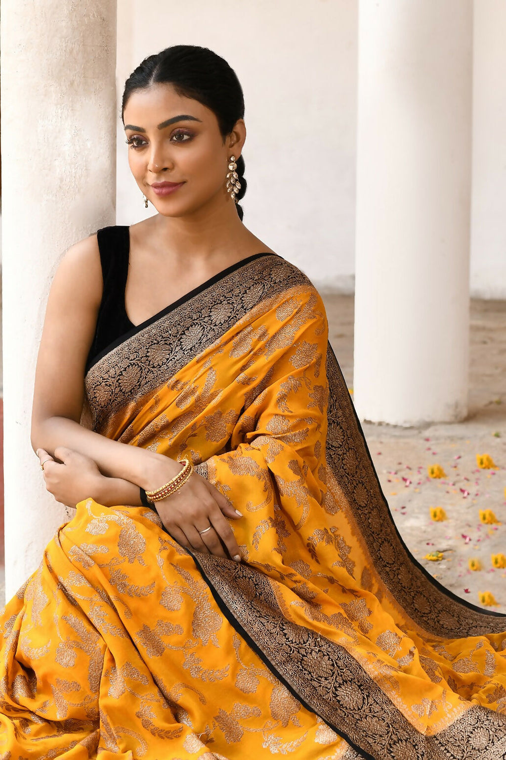 Joban Fashion Yellow Crepe Chiffon Pure Handloom Banarasi Silk Saree