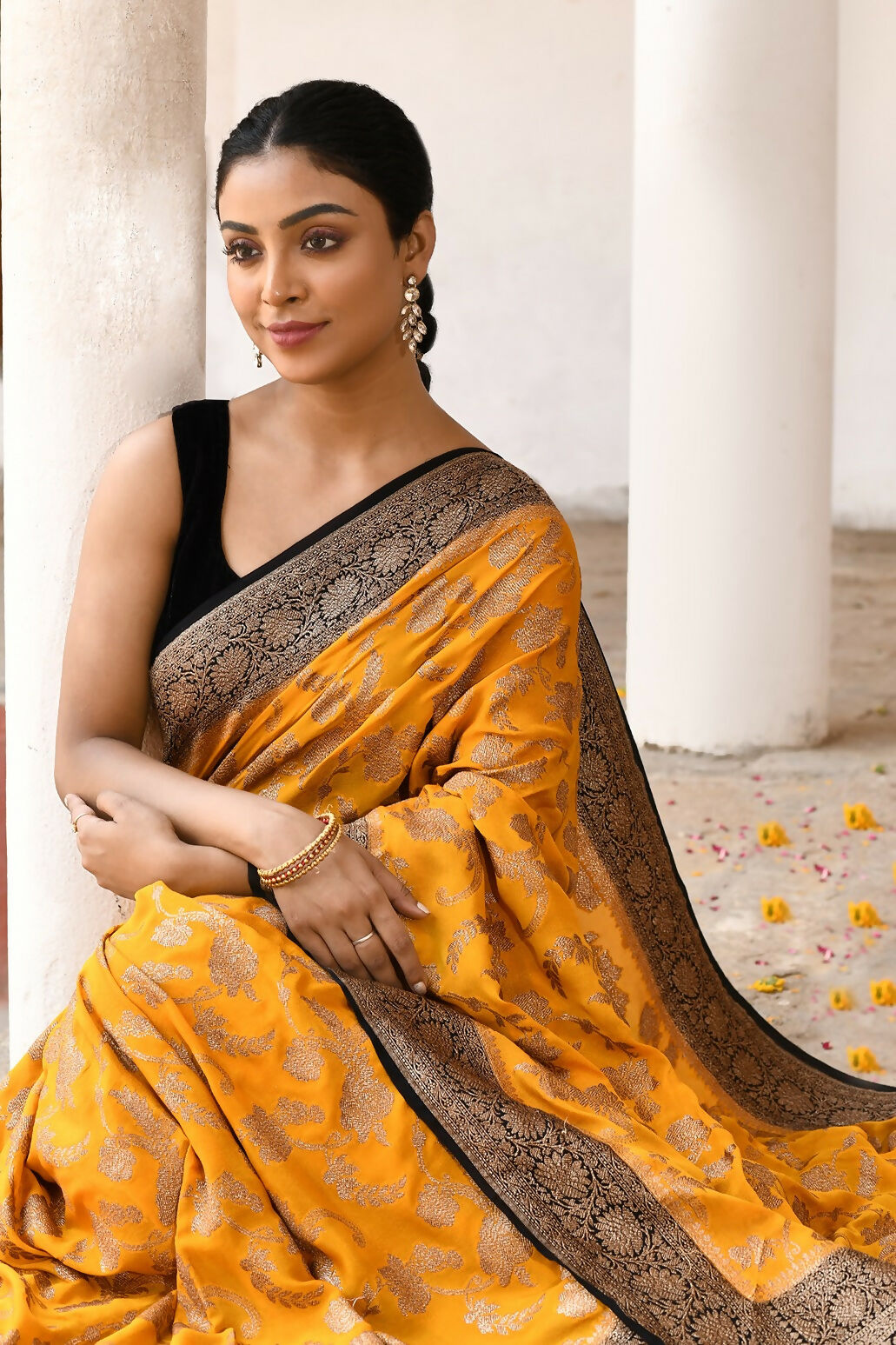 Joban Fashion Yellow Crepe Chiffon Pure Handloom Banarasi Silk Saree