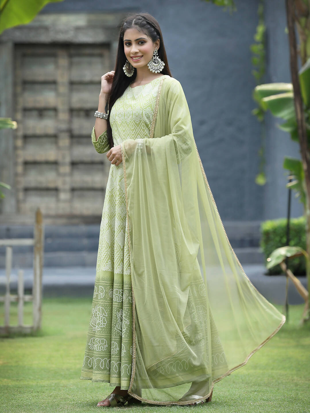 Juniper Green Santoon Slub Festive Foil Print Straight Lehnga Choli Set For Women