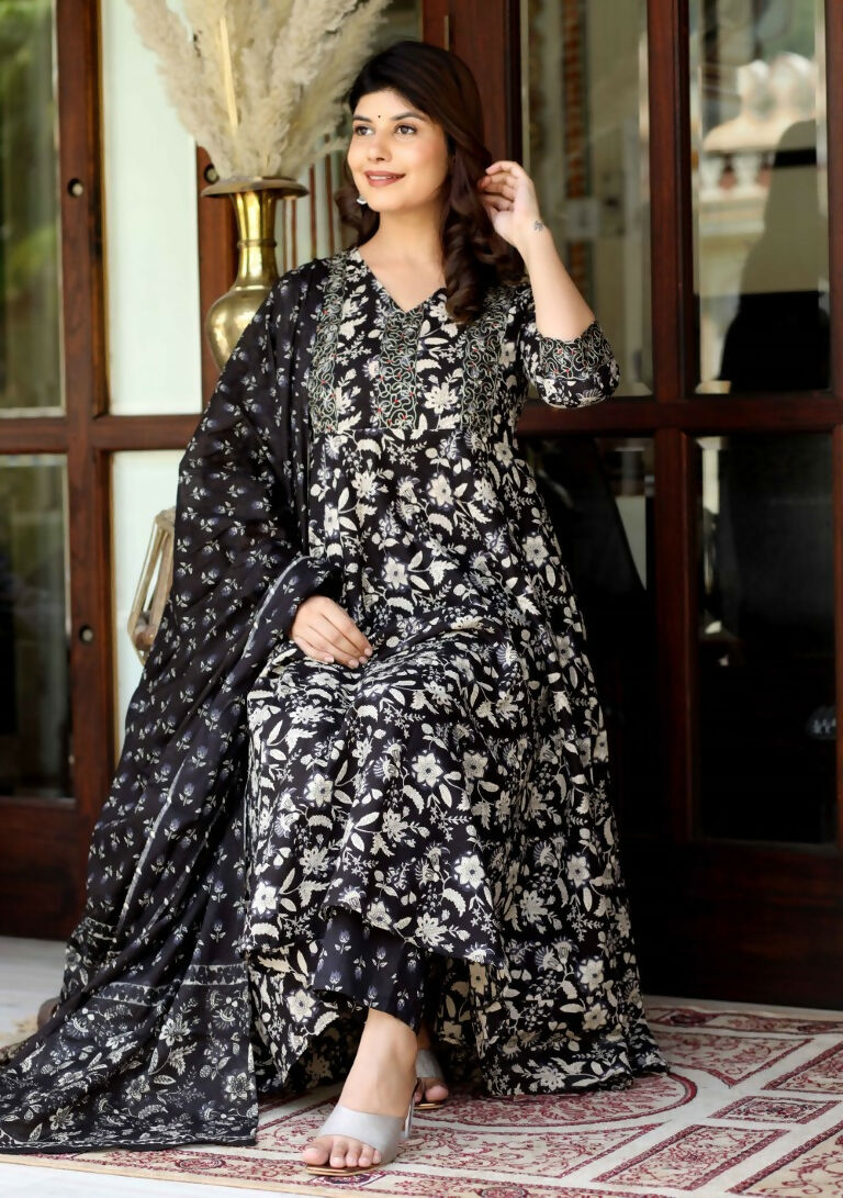 Miravan Women's Black Cotton Embroidered Attractive Anarkali Kurta And Palazzo With Dupatta Set