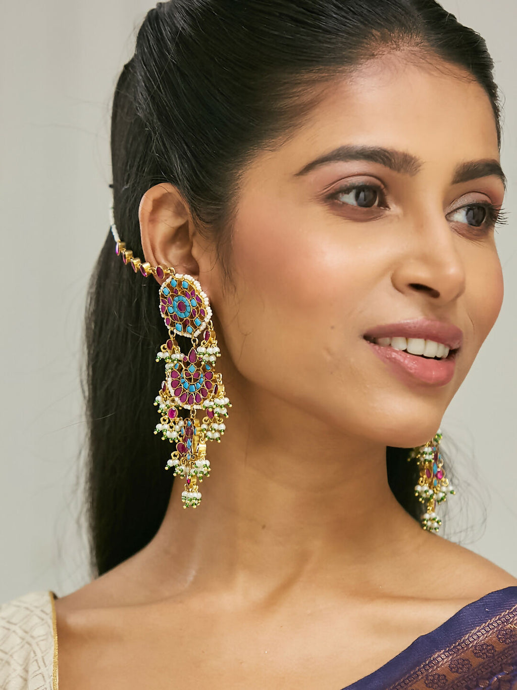 Nuyug 22K Gold-Plated Kundan Studded & Pearl Beaded Crescent Shaped Kanauti Earrings
