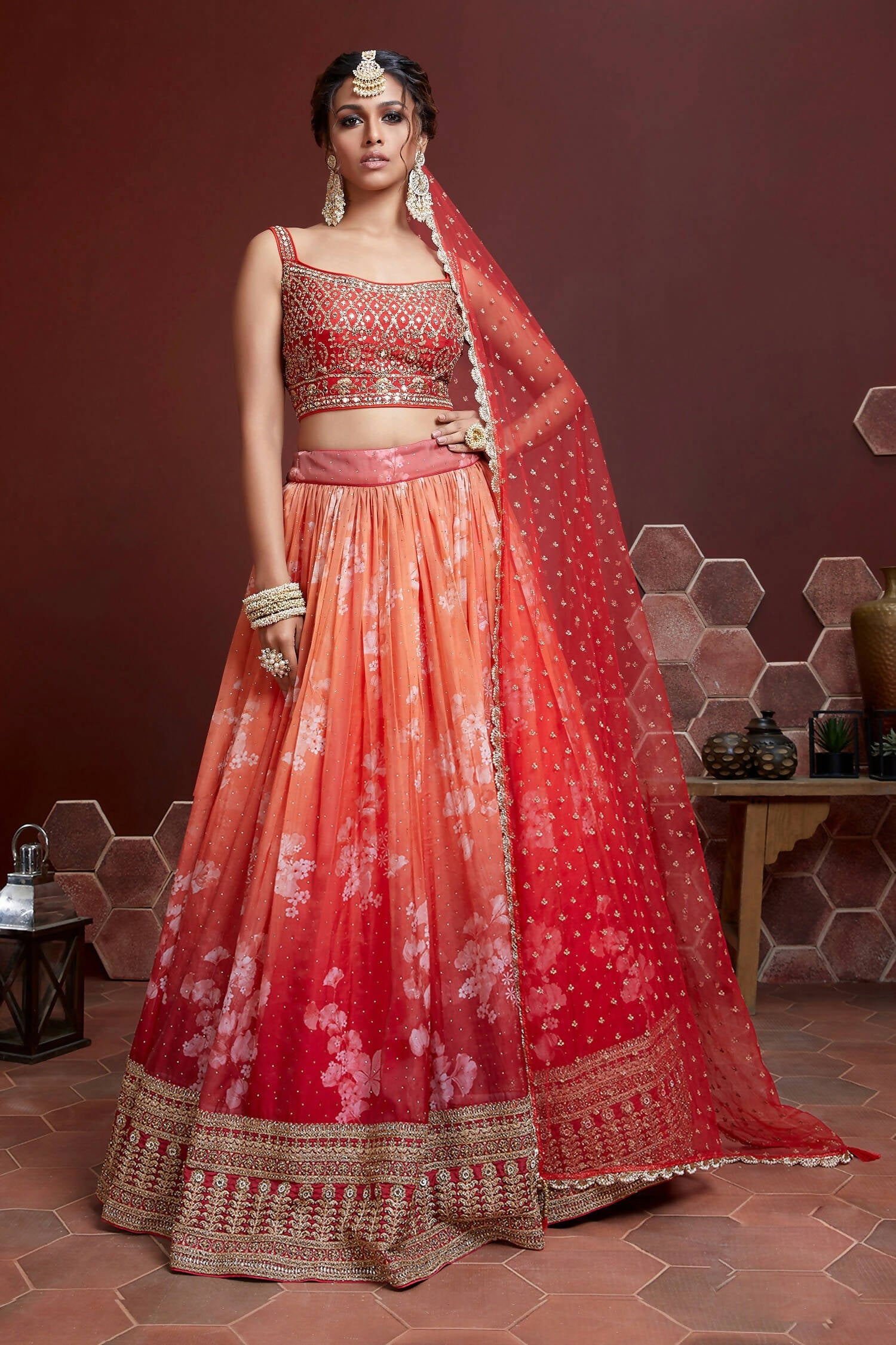 Wedding Designer Orange Tabby Silk Lehenga Choli - Anbazaar