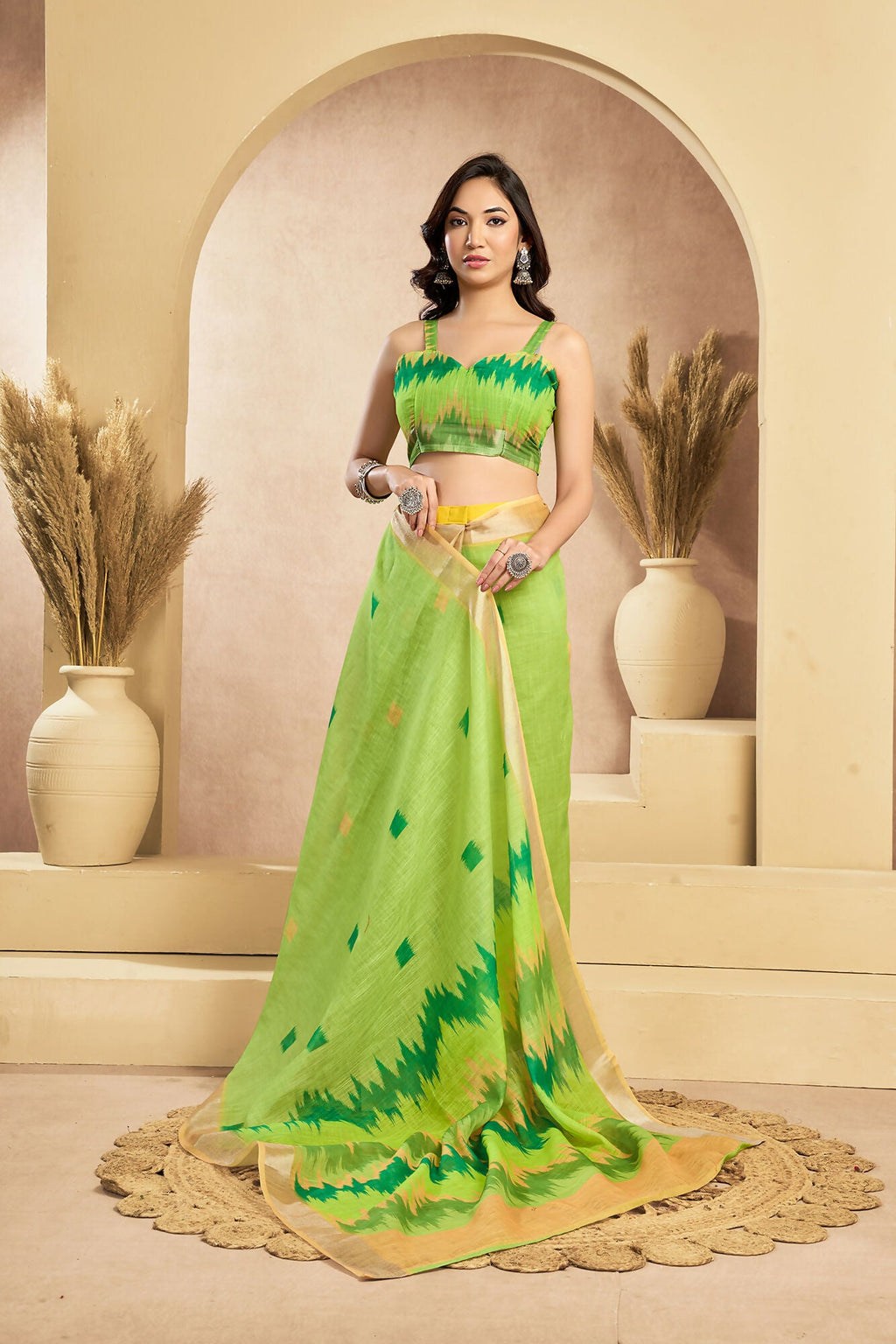 Vastranavya Mint Green Digital Printed Linen Ready To Wear Pocket Saree with Unstitched Blouse