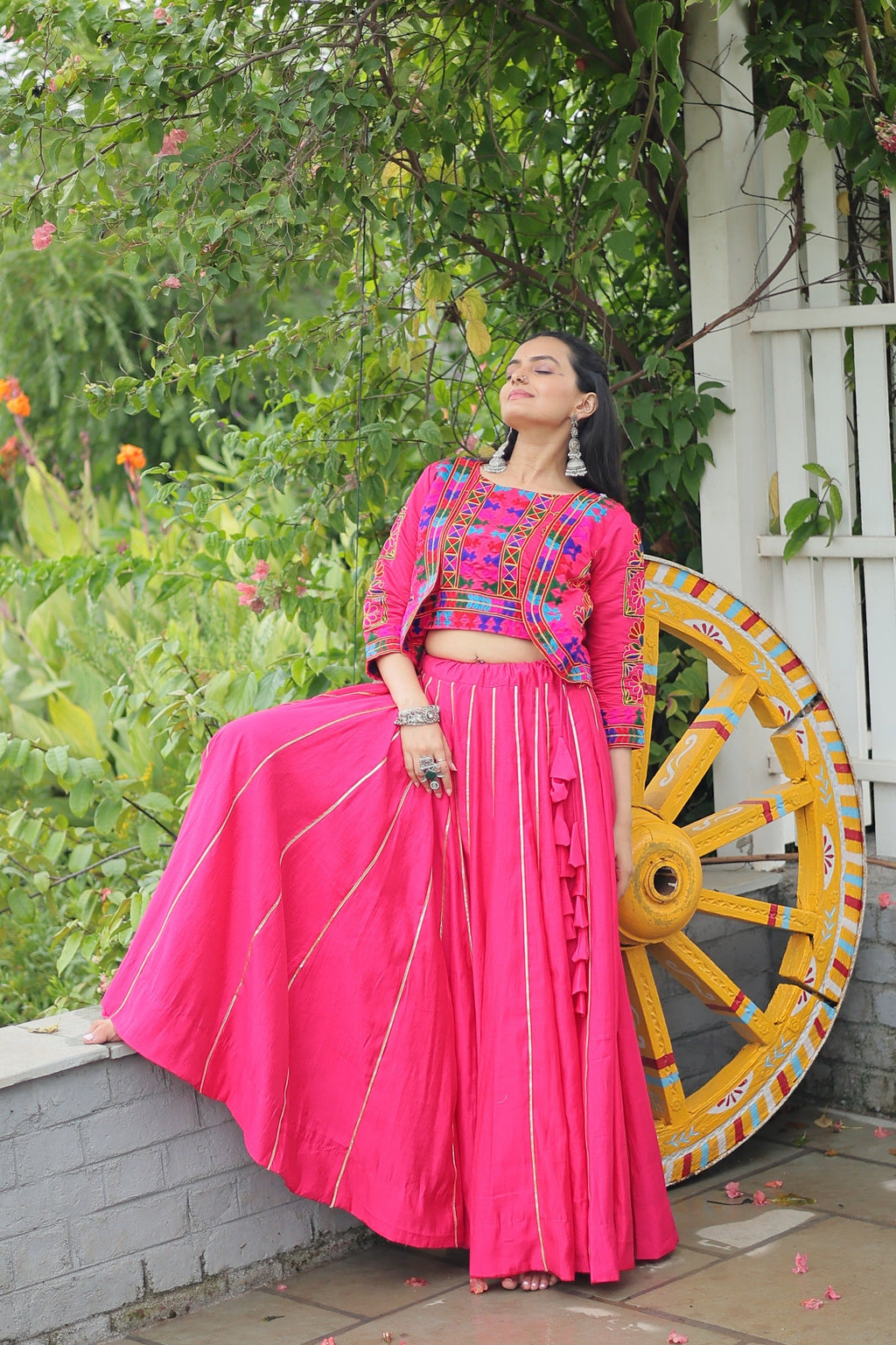 Evanik Navratri Pink Roamn Fabric With Kutchi Work Koti Style Blouse Stitched Lehenga Choli